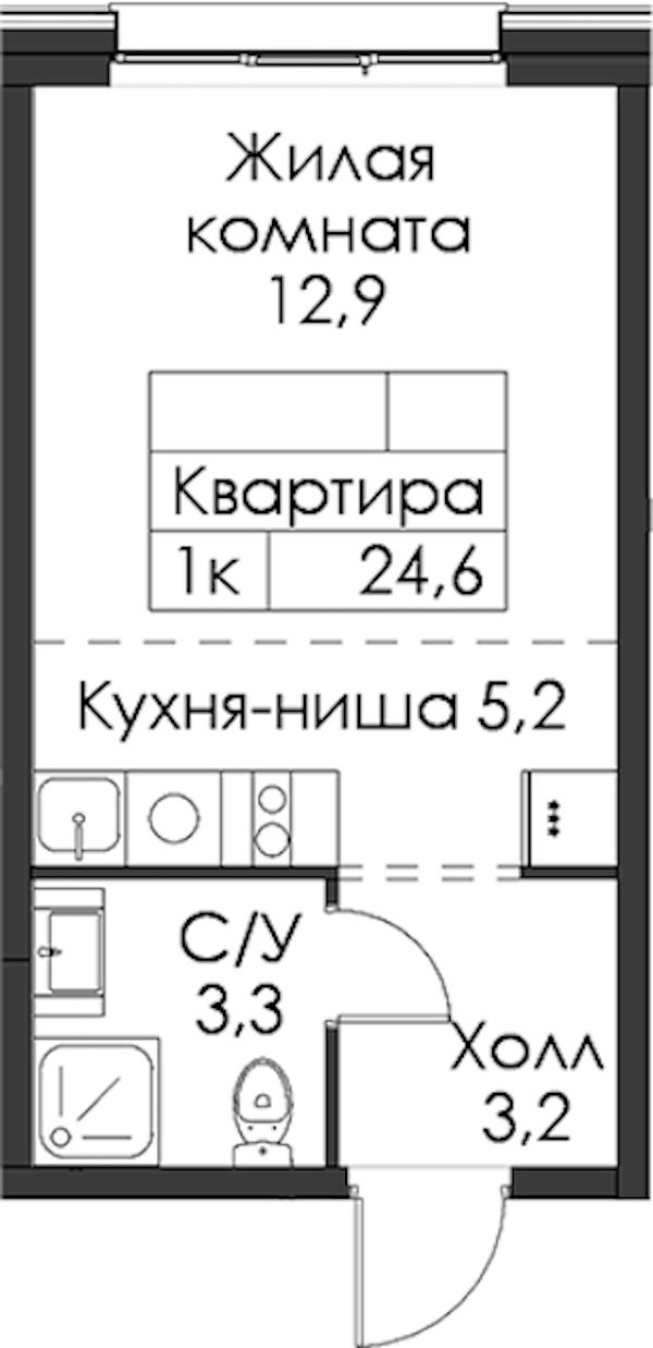 Квартира студия 24.6 м², 4/8 эт., ЖК «Шкиперский 19»